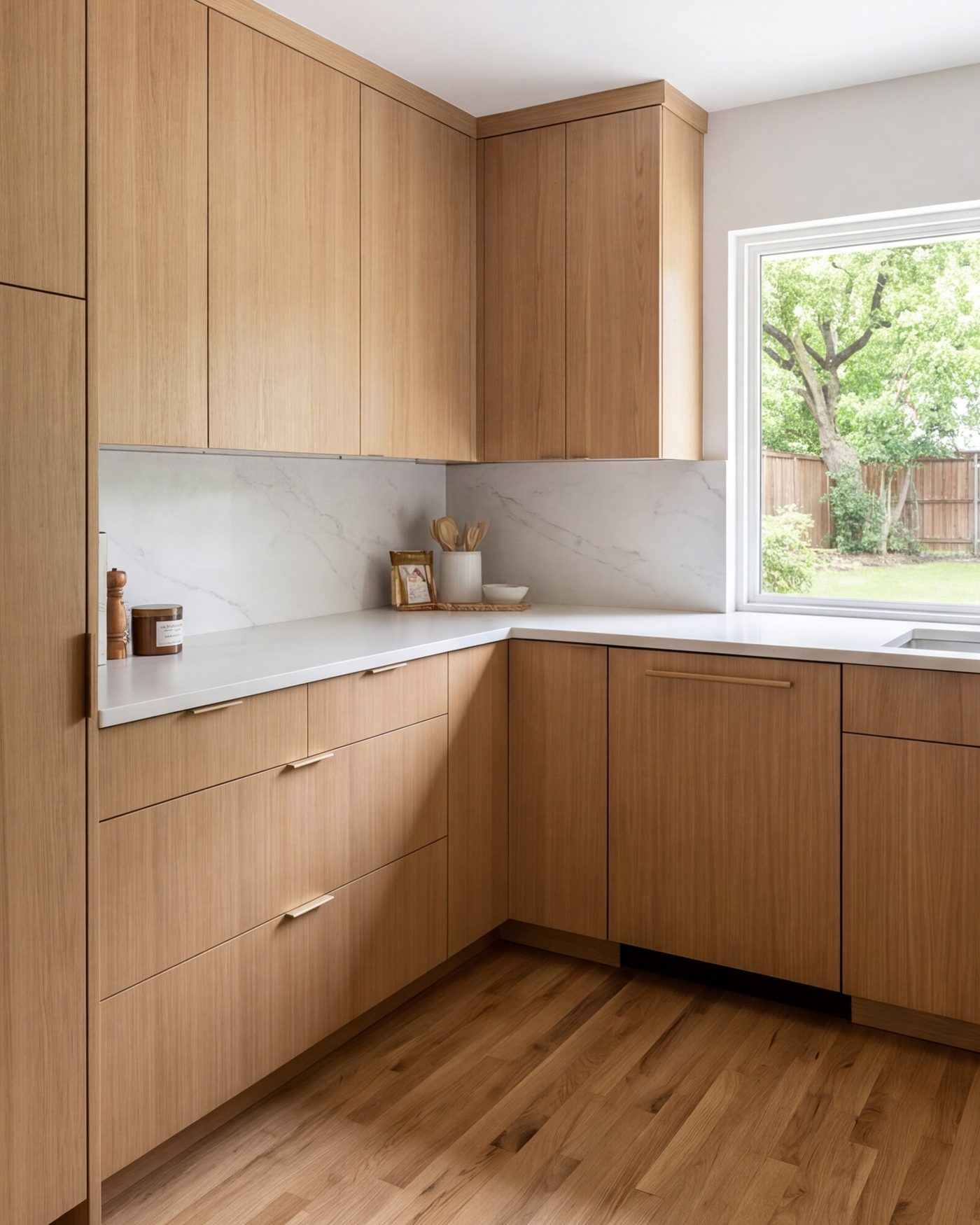 tall view of a finished kitchen corner, full-height oak cabinets, slab backsplash, window