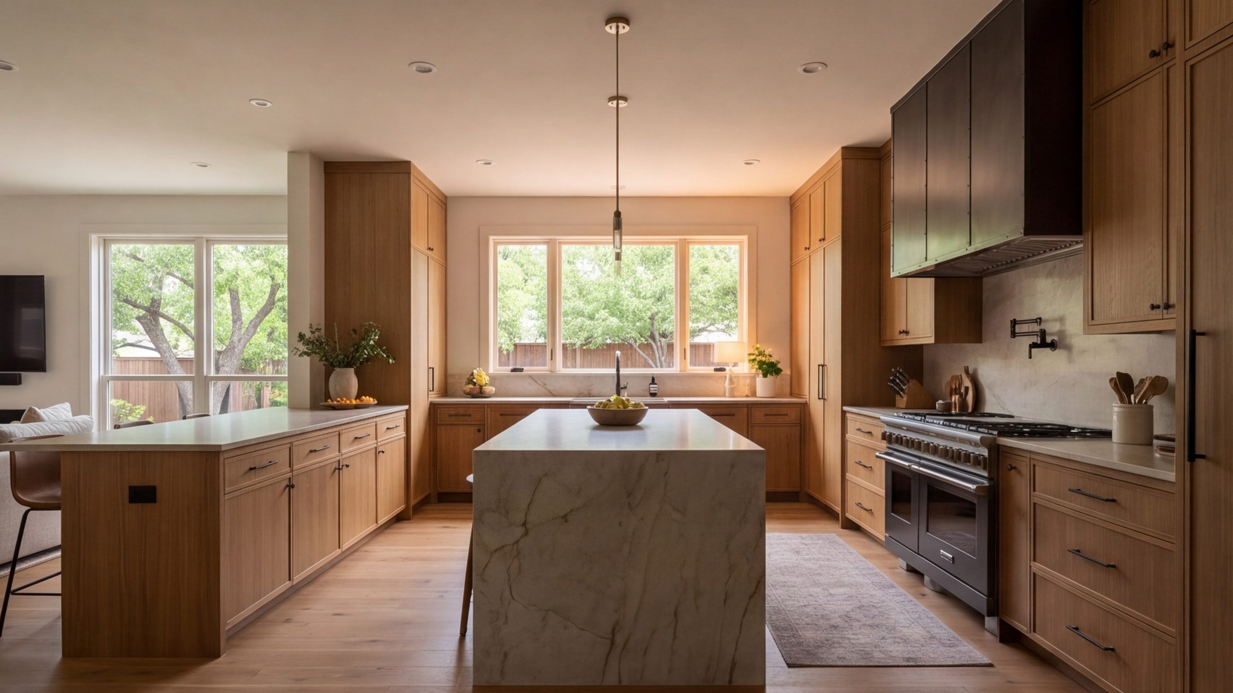 Wide kitchen in a North Dallas home, stone island, oak cabinets and dark metal range wall in warm evening light