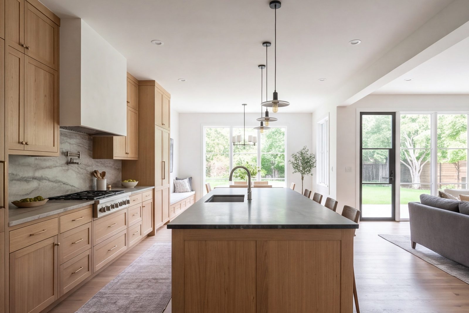 Farmers Branch kitchen opened to the den with a stone island and oak cabinetry