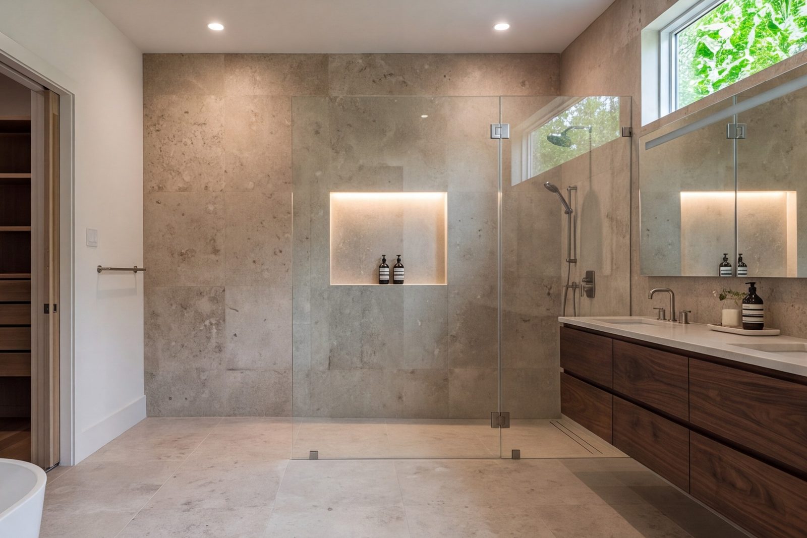Preston Hollow primary bath with stone walls, glass shower and walnut vanity