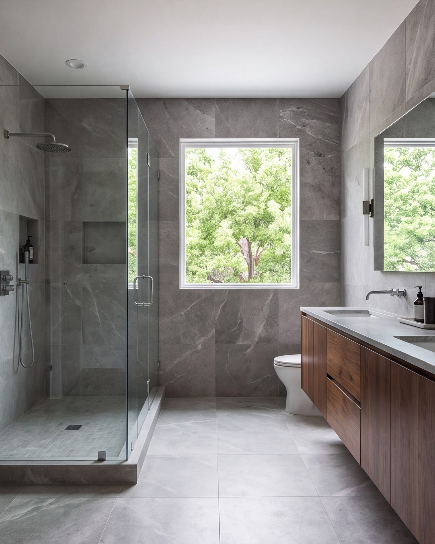 Wide primary bathroom with large-format stone walls, frameless glass shower and a walnut vanity